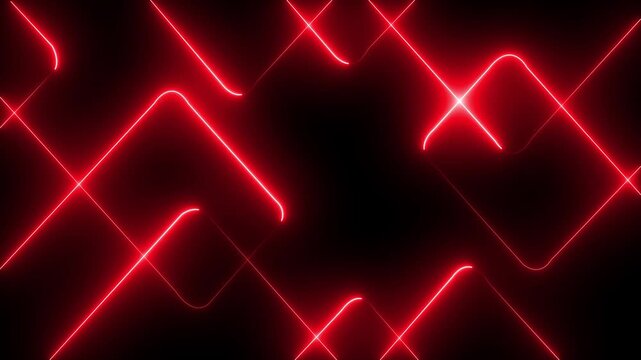 A vibrant abstract background featuring dynamic neon line patterns in shades of red . Neon red laser lines animation with black background. 4k video