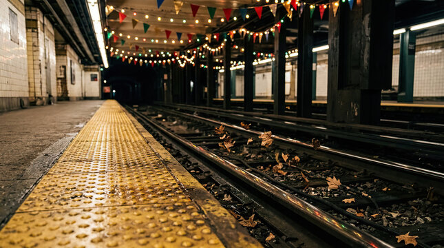 Subway platform edge with yellow tactile paving and festive string lights with colorful triangular flags hanging above tracks, dry leaves scattered on rails creating quiet urban scene