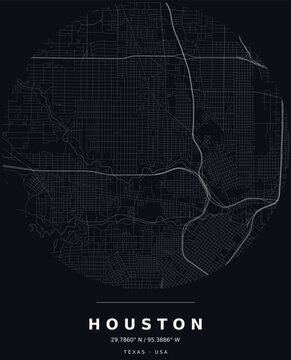 Houston TX Minimalist Street Map Circle Poster, White on Black