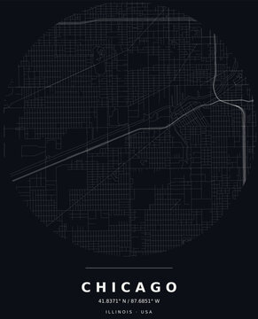 Chicago IL Minimalist Street Map Circle Poster, White on Black