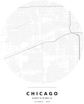 Chicago IL Minimalist Street Map Circle Poster, Black and White
