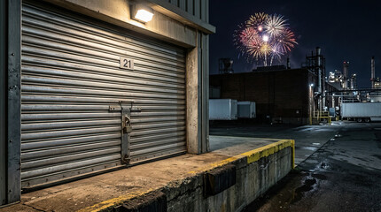 Fototapeta premium Warehouse loading dock with closed metal door and fireworks in night sky, industrial building exterior with trucks and wet pavement creating festive yet quiet atmosphere