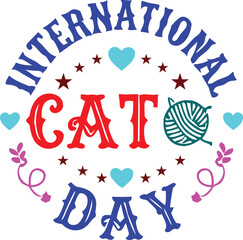 Colorful circular typography design for international cat day featuring a ball of yarn and decorative hearts and stars isolated on a white background for celebration © Surma