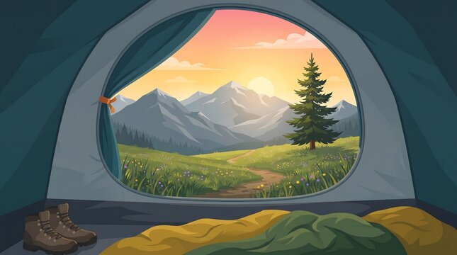 Experience the tranquility of nature from inside a cozy tent with breathtaking views of majestic mountains lush greenery and vibrant sunrise
