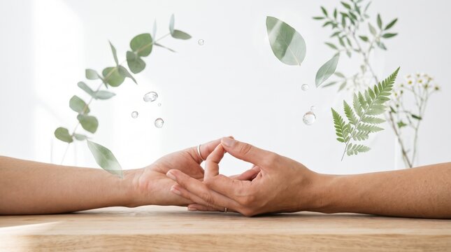 Couple holding hands on wooden table, symbolizing love, trust, and connection. Natural green leaves and water drops float around them in a bright, airy room.