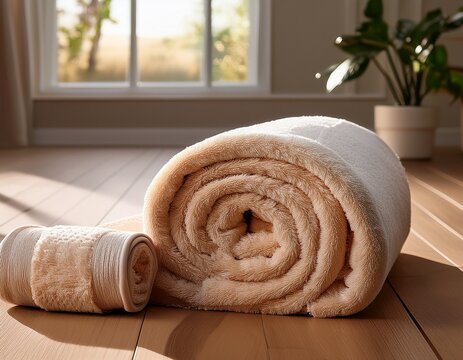 beige bath mat and rolled towel on wooden floor