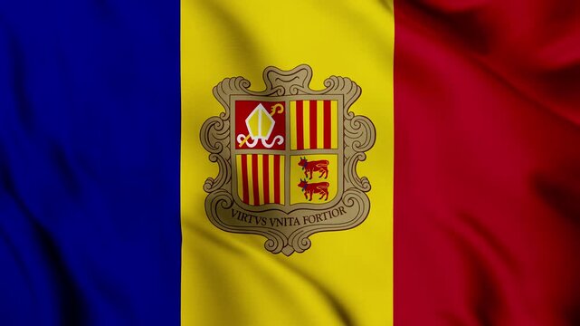 Andorra National Flag Waving in Wind with Realistic Fabric Texture, Seamless Loop Animation 4K