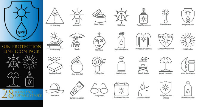Sun protection line icon pack vector set for skin care and uv safety with editable stroke including sunscreen lotion spf shield uv index sunglasses beach umbrella and after sun cream objects.