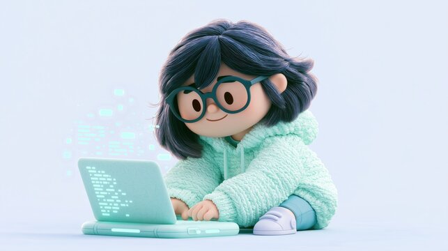 Cartoon girl with glasses using a laptop while sitting on the floor in a mint hoodie, featuring a clean tech workspace and glowing interface elements.