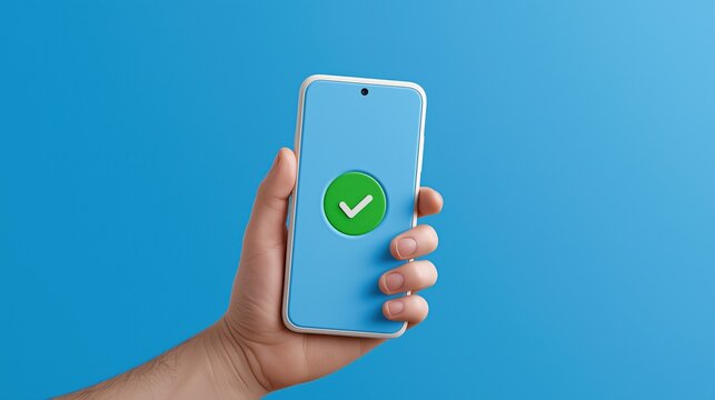 Smartphone held in hand showing a green check mark on a blue background with copy space for app approval, verification, or security concepts.