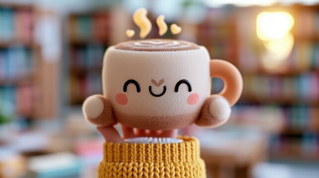 Smiling coffee mug with steaming drink and knitted sleeve in a cozy room with blurred bookshelves and warm sunlight.
