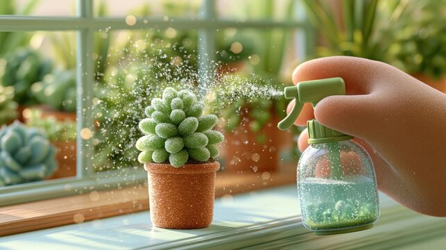 Hand spraying a potted succulent with a mist bottle near a sunny window, with houseplants and a terracotta pot in a home gardening scene.