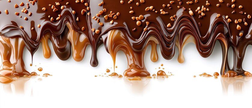 Melting chocolate with caramel and nuts drips over a white background in a glossy dessert composition for confectionery, bakery, and sweet food advertising.