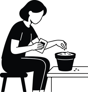Woman Planting Seeds In Flower Pot Vector Silhouette