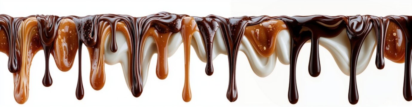 Chocolate drizzle with caramel and white cream forming thick flowing drops on a white background for dessert menu design, bakery branding, or sweet food packaging.