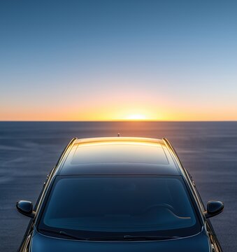 Front windshield of a black car clean and clear close up outdoors, offering a broad canvas for mockup	 with sunset horizon copy space background