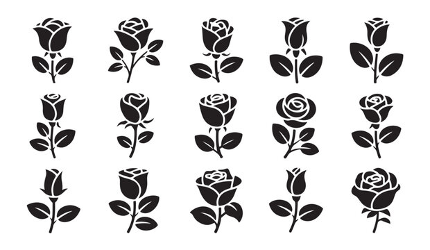 Black rose icons set isolated on white background, various elegant rosebuds and blooming flowers with leaves.