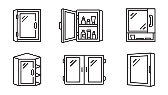 Set of various bathroom wall mounted cabinets and medicine chests illustration with medicine bathroom furniture interior cupboard organizer collection illustration minimalist monochrome