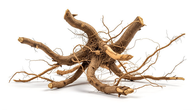 Close up of a bare root system with many branches and fine root hairs.