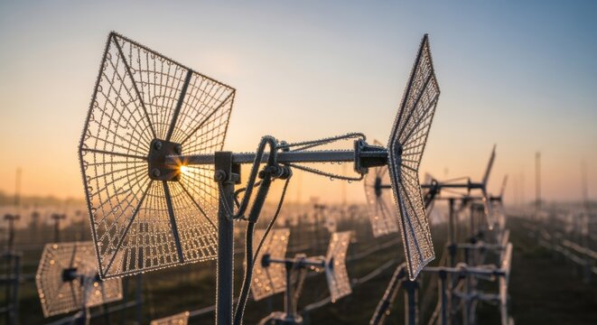 Early morning shot capturing dewcovered antenna elements at an RF intercom basestation farm evoking a calm technical environment.