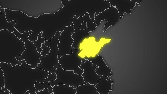 Animated glowing map of Shandong, China, with a highlighted outline on a dark gray gradient background, ideal for geography, travel, news, and infographic projects.