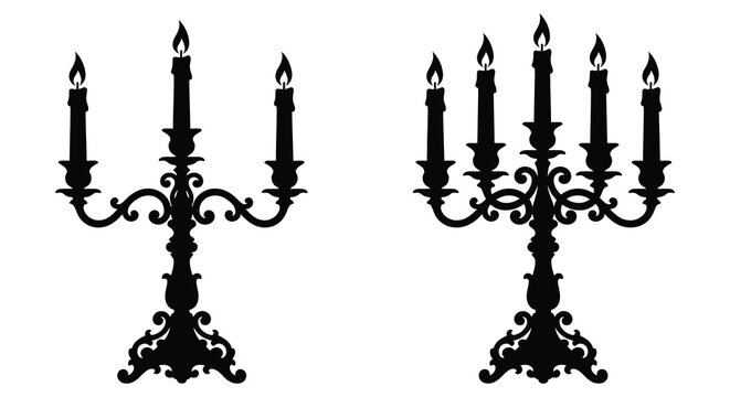 Two Black Candelabras With Lit Candles Detailed Silhouette