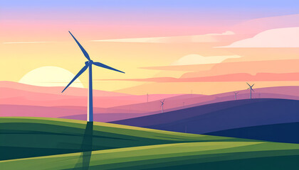 Fototapeta premium Serene Landscape with Wind Turbine at Sunset.