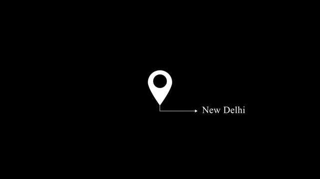 location of the city of New delhi a capital in India on black screen.The name of the place with the location has been displayed black and white looped animation.GPS location tracking icon.