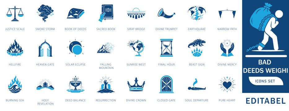 Islamic Eschatology Day of Judgment Icon Set for Qiyamah, Doomsday, Signs of Final Hour, Heaven Gate, Hellfire, Resurrection and Book of Deeds