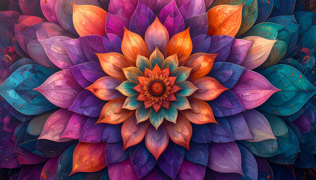 Vibrant Abstract Mandala Flower with Psychedelic Colors.