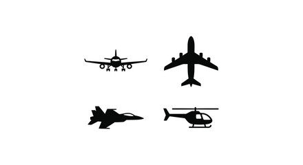 Airplane Fighter Jet And Helicopter Silhouettes On White Background © MDALTUFHOSAIN