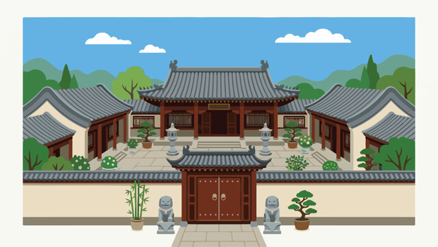Courtyard of a grand traditional mansion showcases elegant architecture with stone lanterns and potted plants behind a sturdy gate.