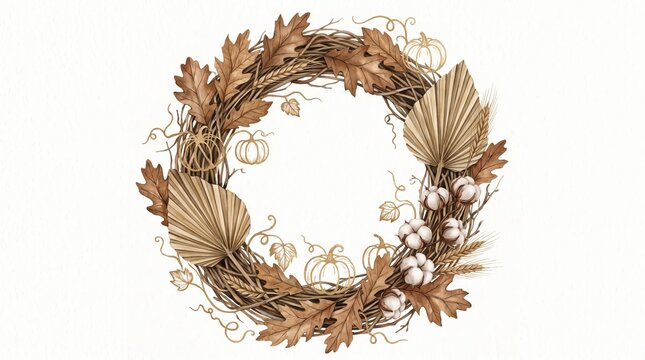 Elegant watercolor wedding geometric eucalyptus botanical frame featuring rustic autumn leaves and dried floral wreath elements for invitations
