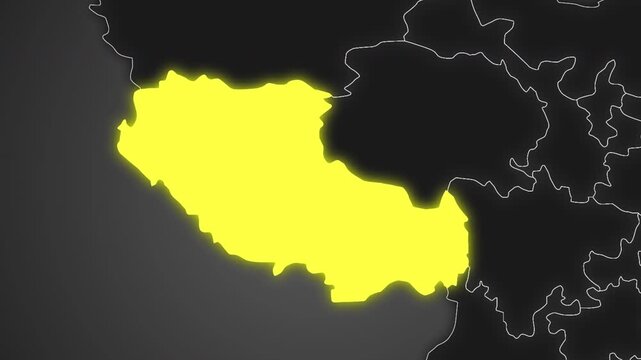 Animated glowing map of Tibet, China, with a highlighted outline on a dark gray gradient background, ideal for geography, travel, news, and infographic projects.