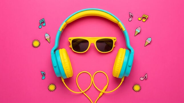 Colorful yellow and blue headphones with sunglasses and summer icons on a bright pink background for music concept