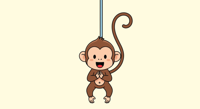 Happy little cartoon monkey hanging from a blue vine with a playful expression on a warm pastel background.