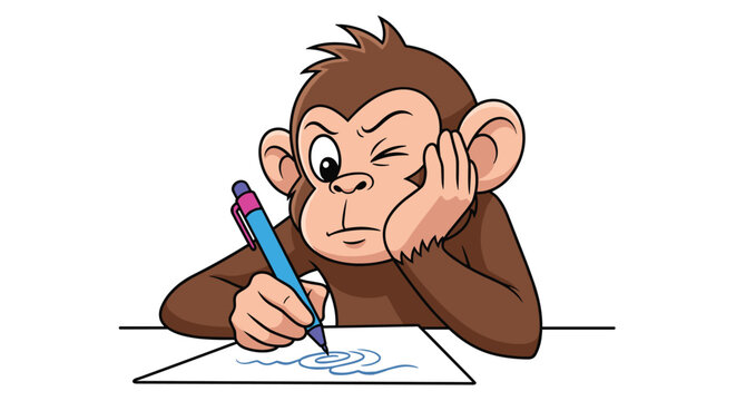Adorable cartoon monkey character sitting at a desk, winking and thoughtfully drawing or writing on paper with a blue pen.