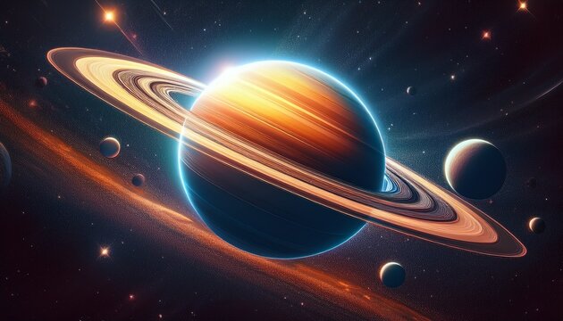 sunlit ringed planet with distant moons against a starfield backdrop