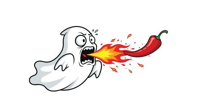 Funny cartoon ghost breathing a stream of hot yellow fire after eating an extremely spicy red chili pepper.