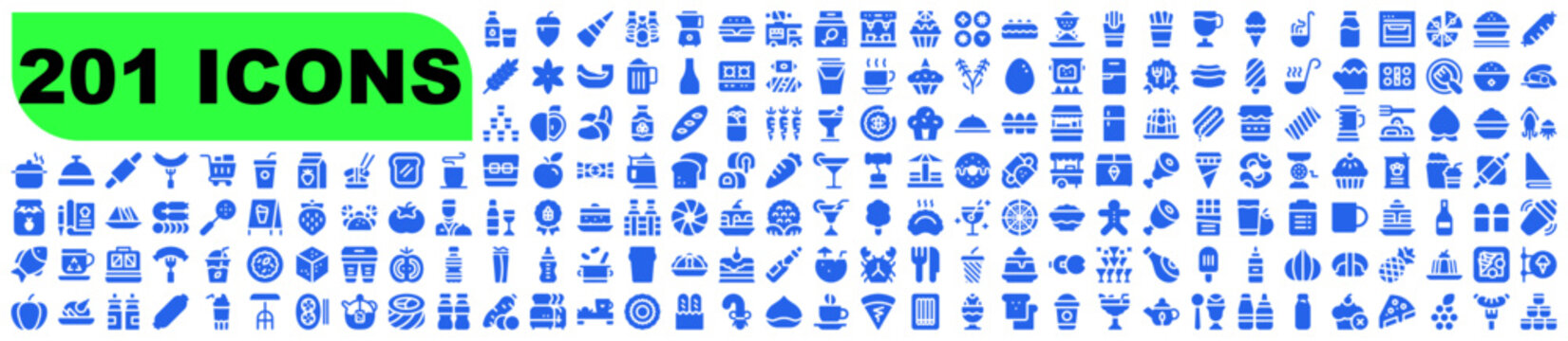 Set of blue food, drink, and kitchen tool glyph icons for e-commerce and grocery apps on transparent background