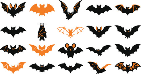 Fototapeta premium Collection of various black and orange bat silhouettes isolated on white background for halloween decoration and graphic design elements