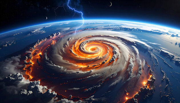 Massive Hurricane From Space With Lightning Strikes And Fiery Clouds.