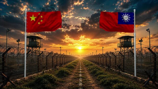 Sunset over border fence between China and Taiwan. Diplomatic boundary scene with flags and security towers.