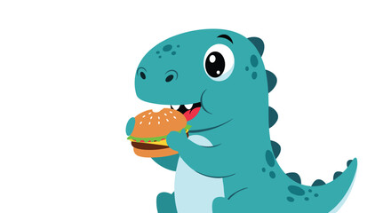 Obraz premium Adorable baby dinosaur happily taking a big bite of a delicious cheeseburger against a white background.