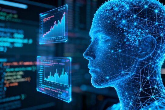 Futuristic AI Head with Data Charts