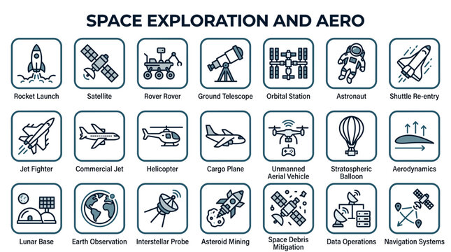 Space exploration and aero technology showcase various vehicles and systems in action