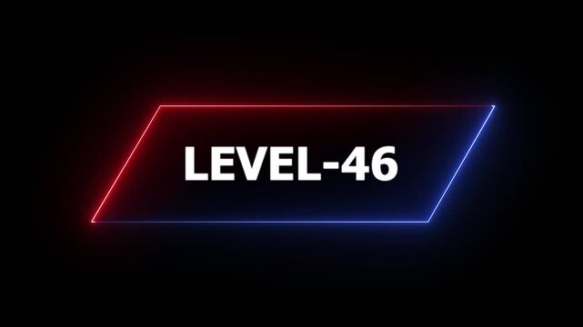 Glowing neon Level-46 text animation on black background. Game concept next level. Level Up text in the neon frame . Neon level up text animation .4k animation video.