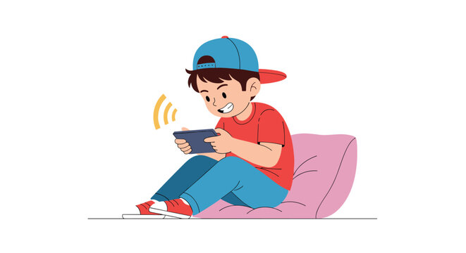 Young boy wearing a backwards blue cap plays an exciting mobile game on his smartphone while sitting on a pink cushion.