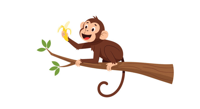 Cheerful little monkey sits on a tree branch and holds a peeled yellow banana with a happy and excited expression.