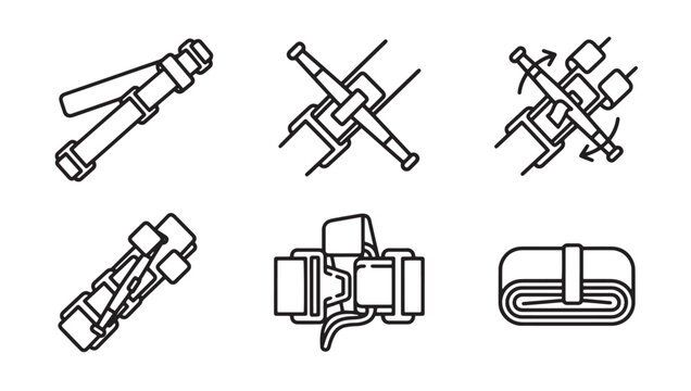 Set of cargo strap and lashing tie down icons with securing transport logistics fastener restraint shipping equipment trucking illustration collection industrial tightener construction